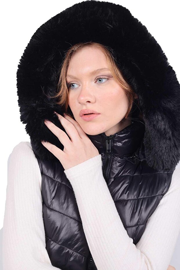 Vestă lungă cu glugă, model 8000, neagră - 3