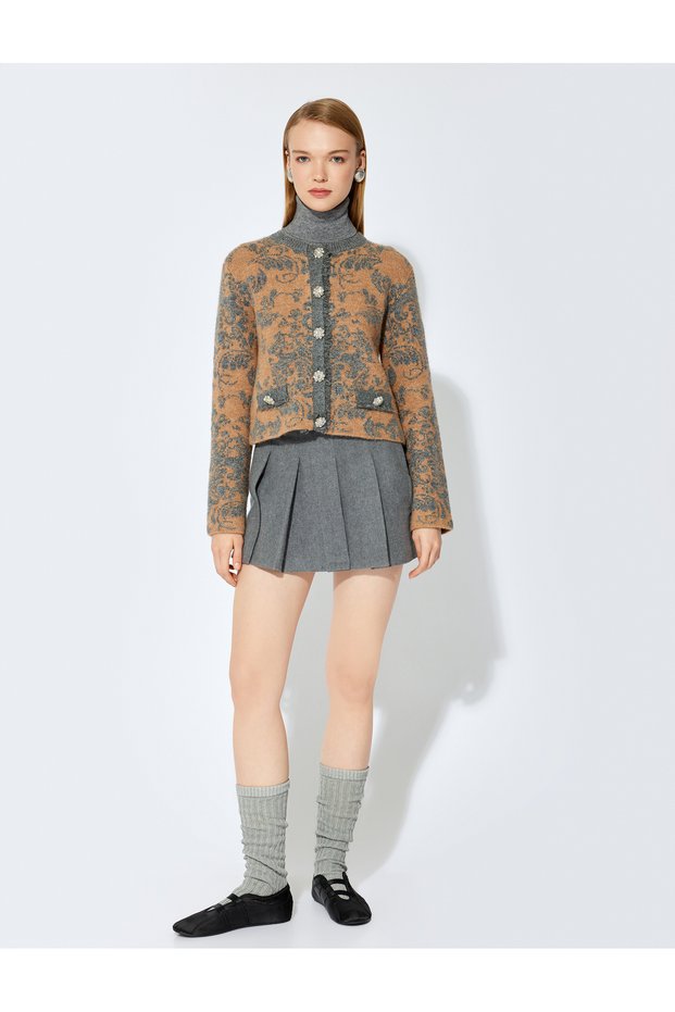 X Şahika Ercümen - Long Sleeve Crew Neck with Glitter Floral Pattern and Stone Button Detail