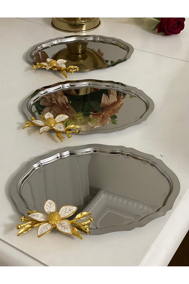 ÇELİK OVAL 6 ADET BÜYÜK ÇİÇEKLİ SERVİS VE SUNUM TEPSİSİ 25 CM - 1