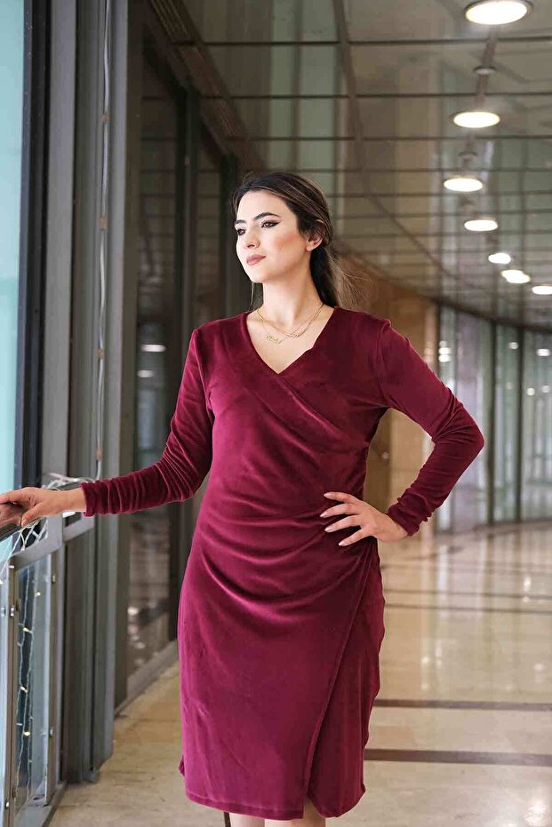 KADIN FRANSIZ KADİFE KRUVAZE ELBİSE - 4