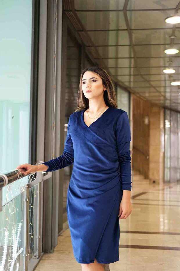 KADIN FRANSIZ KADİFE KRUVAZE ELBİSE - 4