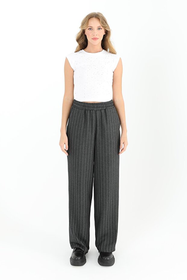 Women's Elastic Waist Striped Trousers - 18204Pnt - Anthracite
