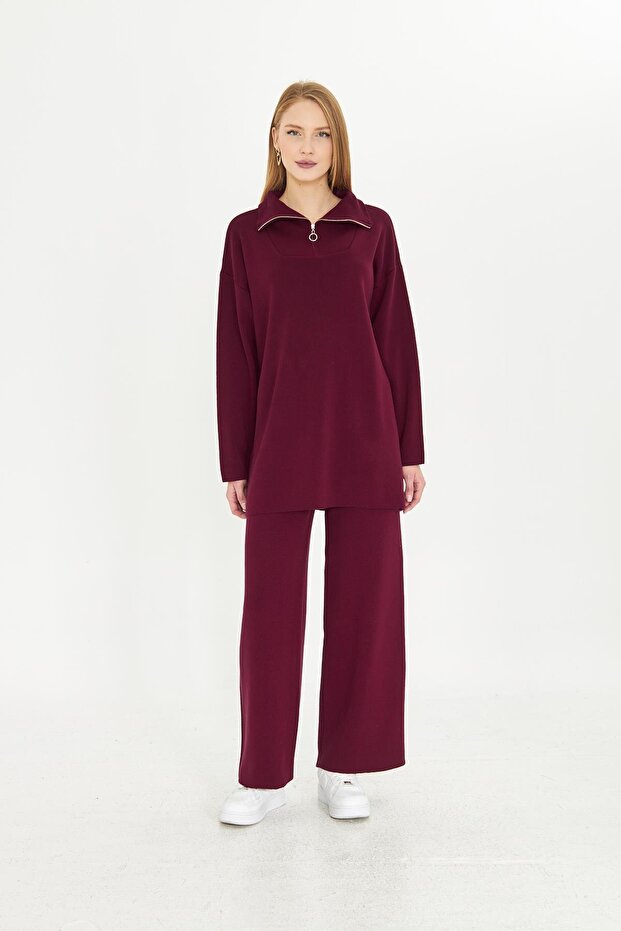 Oversize Zippered Knitwear Top and Bottom Set 1805 Claret Red