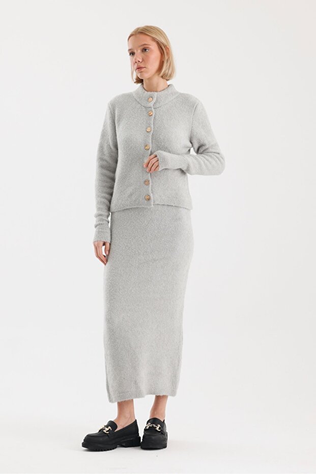 Buklet Bisiklet Yaka  Etek Hırka Triko Takım-STD - Taş - 6