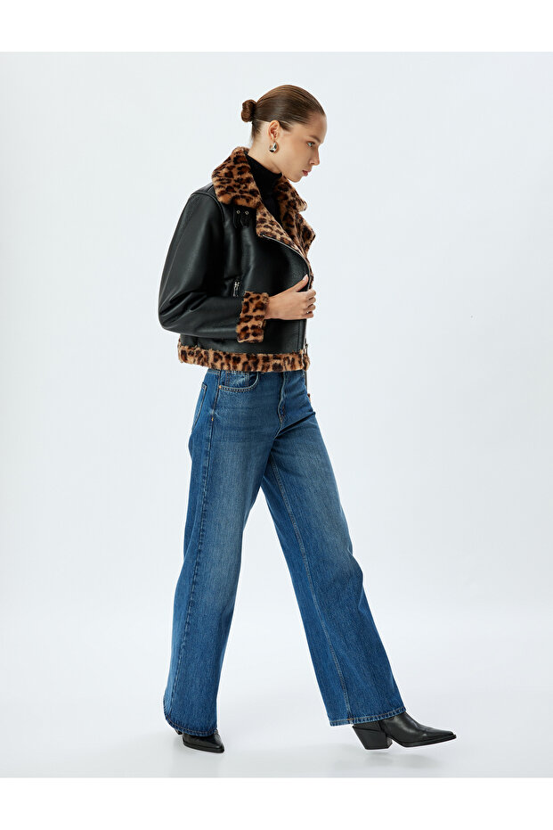 Leather Look Biker Jacket with Cropped Faux Leopard Fur Collar and Zipper Pocket Detail