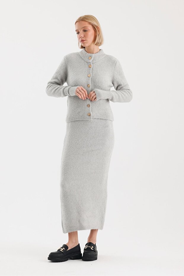 Buklet Bisiklet Yaka  Etek Hırka Triko Takım-STD - Taş - 3