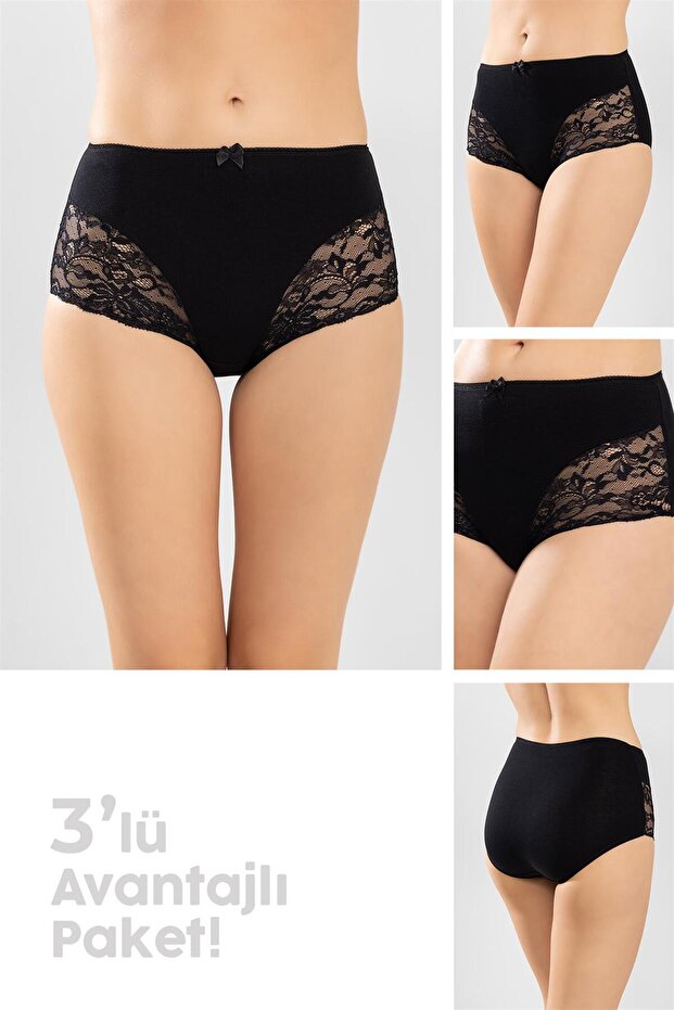 Women's Classic Cotton High Waist Laced Bato Panties 3 Pack Black