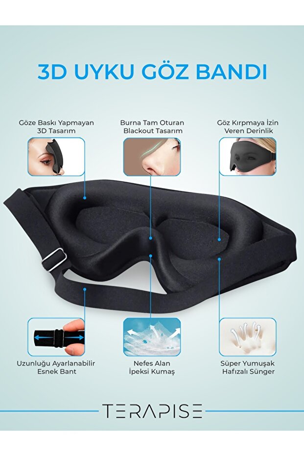 Terapise 3d Pro Uyku Göz Bandı Gözlüğü / Işığı %100 Engeller / Göze Baskı Yapmaz