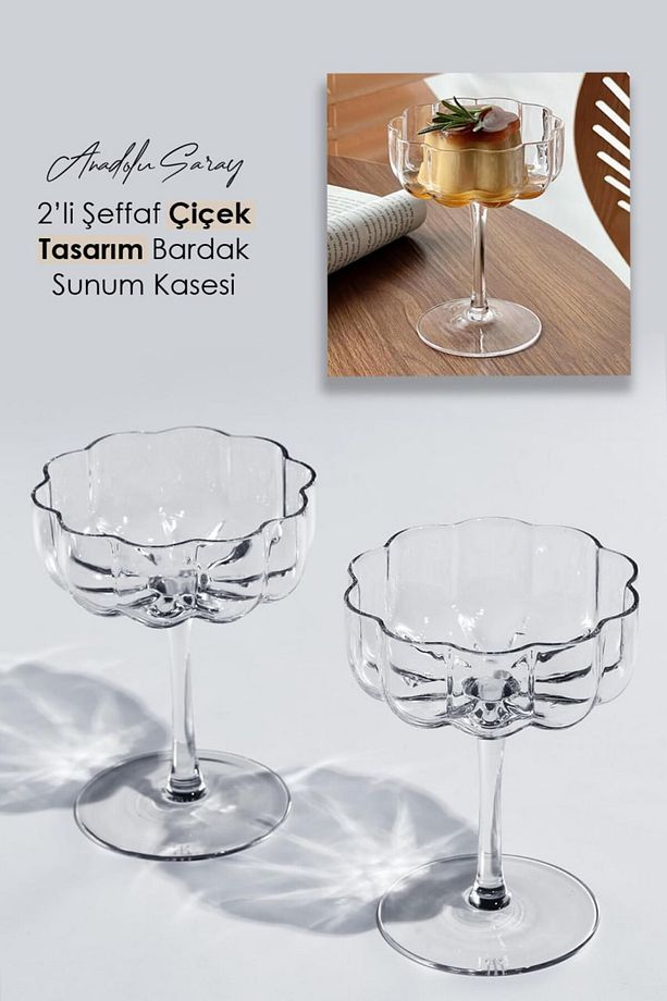 2 Adet Şeffaf Çiçek Şekilli Kahve Sunum ve Kokteyl Bardağı Magnolia Bardağı ve Tatlı Kasesi - 1