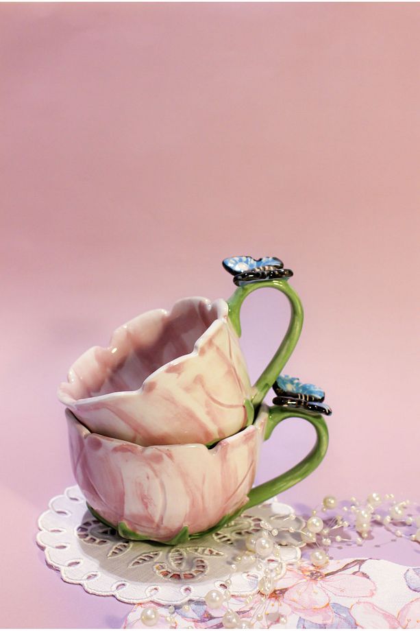 El Yapımı Bardak 200 ml, Pembe Gül Görünümlü Bardak, Kelebekli Kupa, Çiçek Görünümlü Bardak, - 4