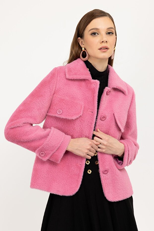 Önü Düğmeli Peluş Mont - 3