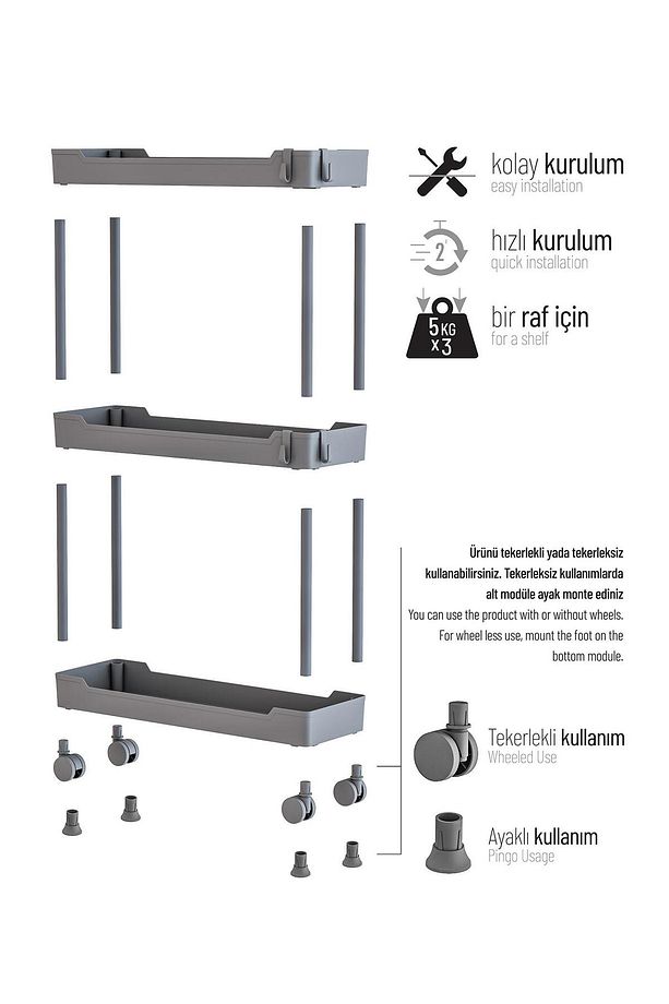 Slim 3 Katlı Tekerlekli Raf Ünitesi Gri, Banyo Rafı, Mutfak Rafı, Banyo Düzenleyici - 8