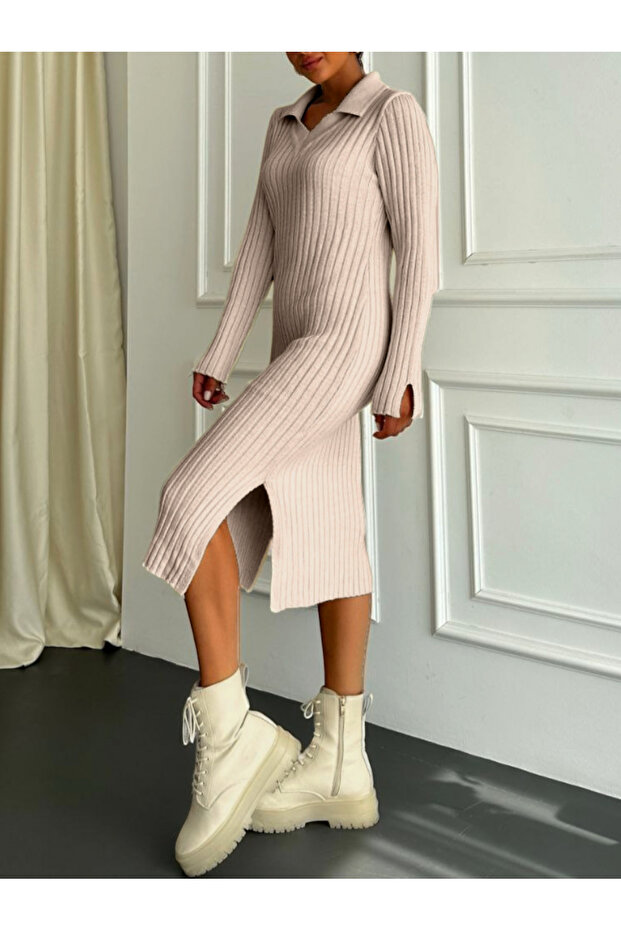 Slit Wide Collar Knitwear Dress - Light Mink