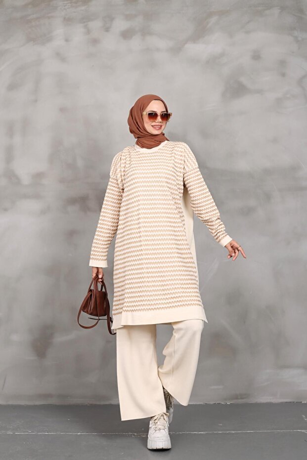 2-Piece Bottom-Up Suit Women's Modest Side Line Patterned Silvery Knitting Tunic Pants