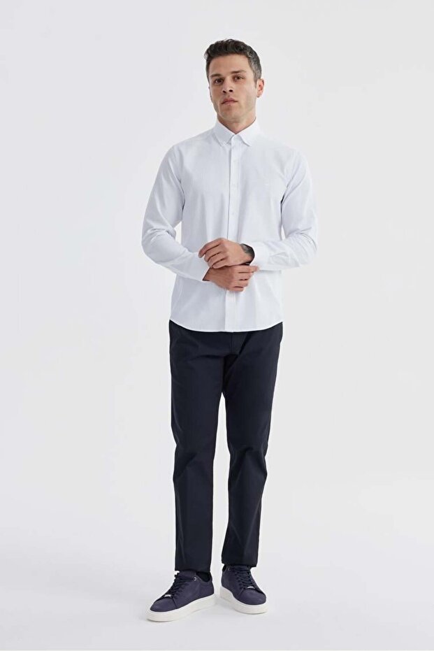 White Slim Fit Patterned Cotton Button Collar Shirt
