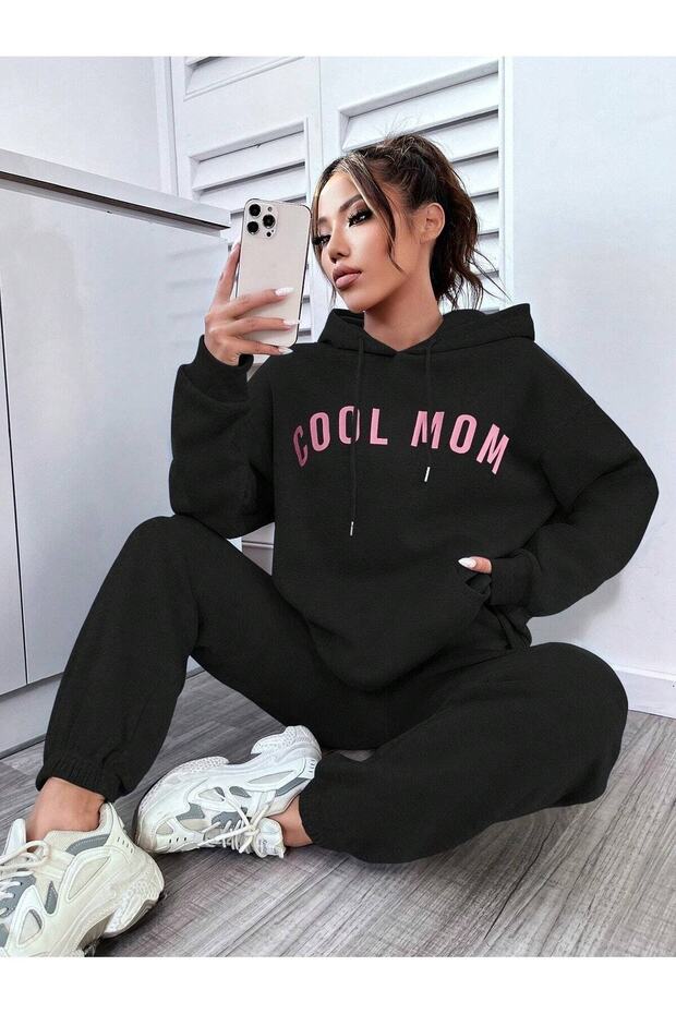 طقم بدلة رياضية من الأسفل من Cool Mom - غطاء للساق مطاطي كبير الحجم مطبوع باللون الأسود