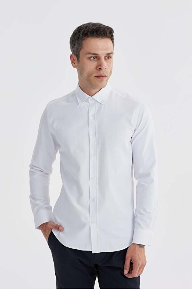 White Slim Fit Top Button Collar Patterned Cotton Shirt