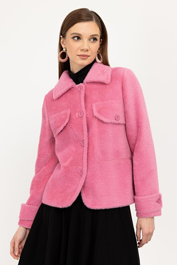 Önü Düğmeli Peluş Mont - 4