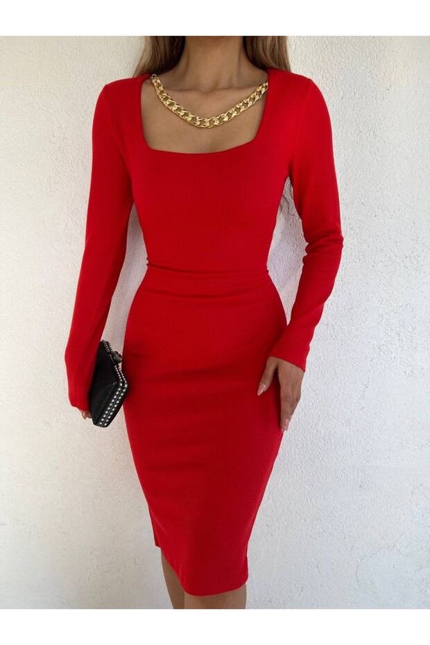 Square Collar Necklace Midi Dress