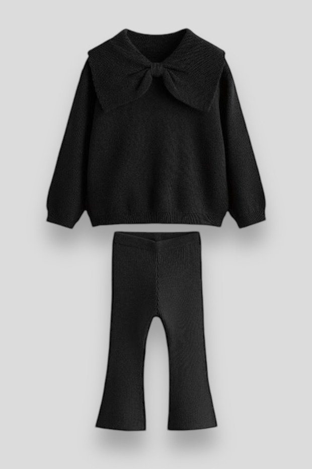 Knitwear Bow Print Winter Cotton Sweatshirt Leggings Bottom-Top Set Girls