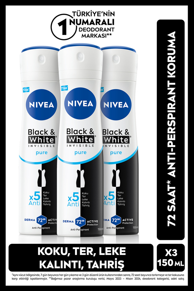 Invısıble Black&whıte Pure Sprey Deodorant 150ml Kadın 3'lü Paket - 1
