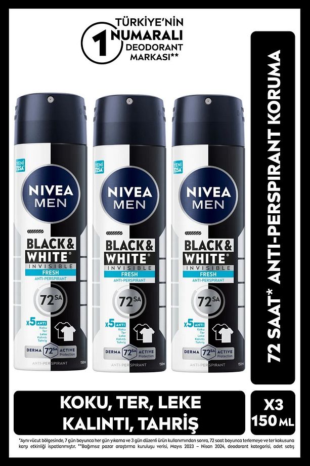 MEN Erkek Sprey Deodorant Black & White Invisible Fresh 150ml, 72 Saat Anti-perspirant, X3 Adet - 1