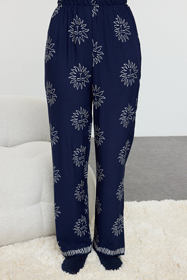 Lacivert Güneş Desenli Viskon Dokuma Pijama Takımı THMAW25PT00034 - 3