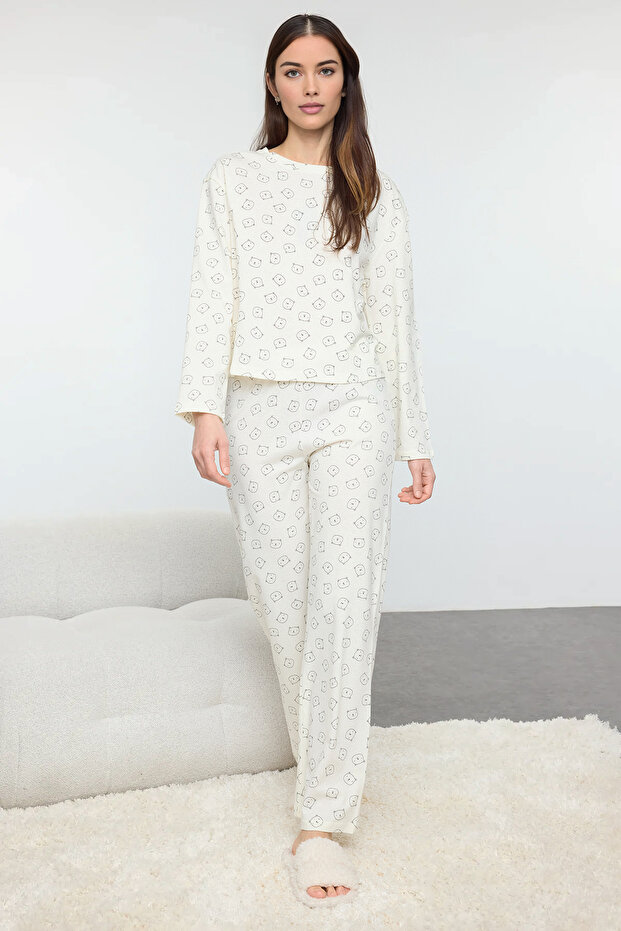 Ekru %100 Pamuklu Ayıcıklı Örme Pijama Takımı THMAW25PT00131 - 2