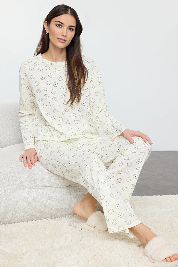 Ekru %100 Pamuklu Ayıcıklı Örme Pijama Takımı THMAW25PT00131 - 1