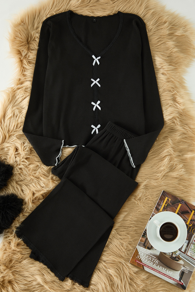 Siyah Pamuklu Dantelli ve Kurdele/Fiyonk Detaylı Fitilli Örme Pijama Takımı THMAW25PT00206 - 8