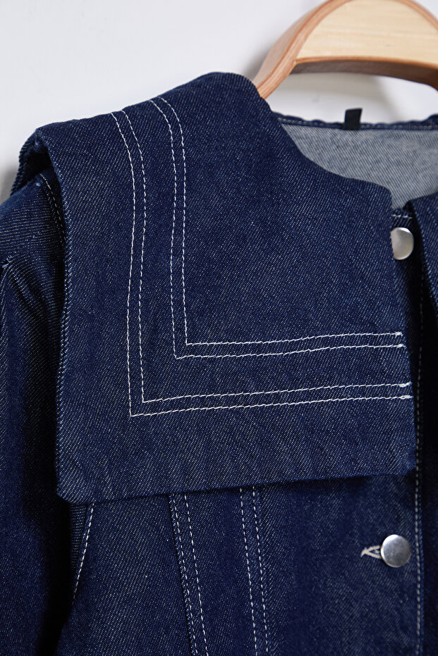 Koyu Mavi Denizci Yaka Detaylı Kontrast Dikişli Denim Gömlek Ceket TWOSS25CE00003 - 7