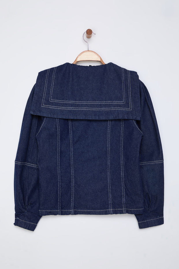Koyu Mavi Denizci Yaka Detaylı Kontrast Dikişli Denim Gömlek Ceket TWOSS25CE00003 - 9