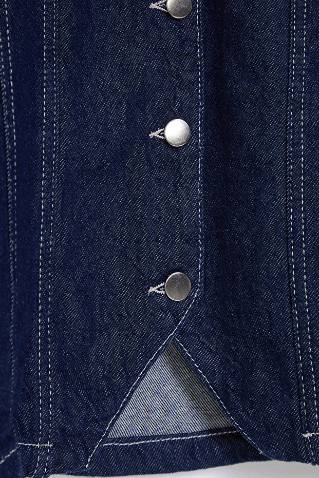 Koyu Mavi Denizci Yaka Detaylı Kontrast Dikişli Denim Gömlek Ceket TWOSS25CE00003 - 8
