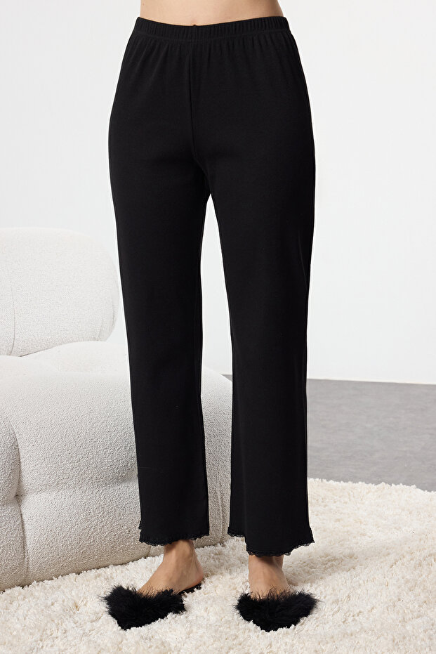 Siyah Pamuklu Dantelli ve Kurdele/Fiyonk Detaylı Fitilli Örme Pijama Takımı THMAW25PT00206 - 6