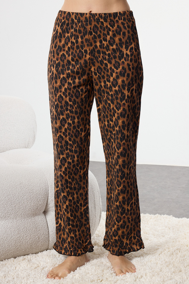 Leopar %100 Pamuklu Fırfır Detaylı Örme Pijama Takımı THMSS24PT00223 - 5