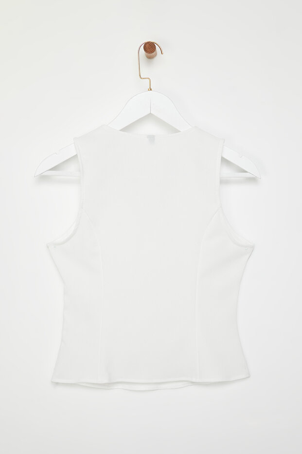 Ekru V Yaka Slim Fit Dokuma Bluz TWOSS25BZ00055 - 7