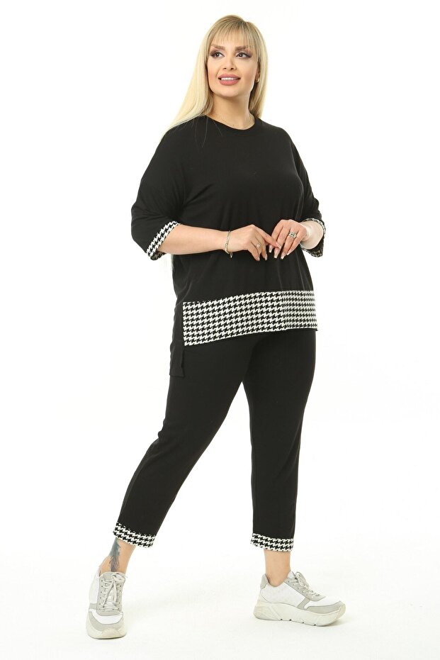 Women's Black Houndstooth Striped Plus Size Capri Set