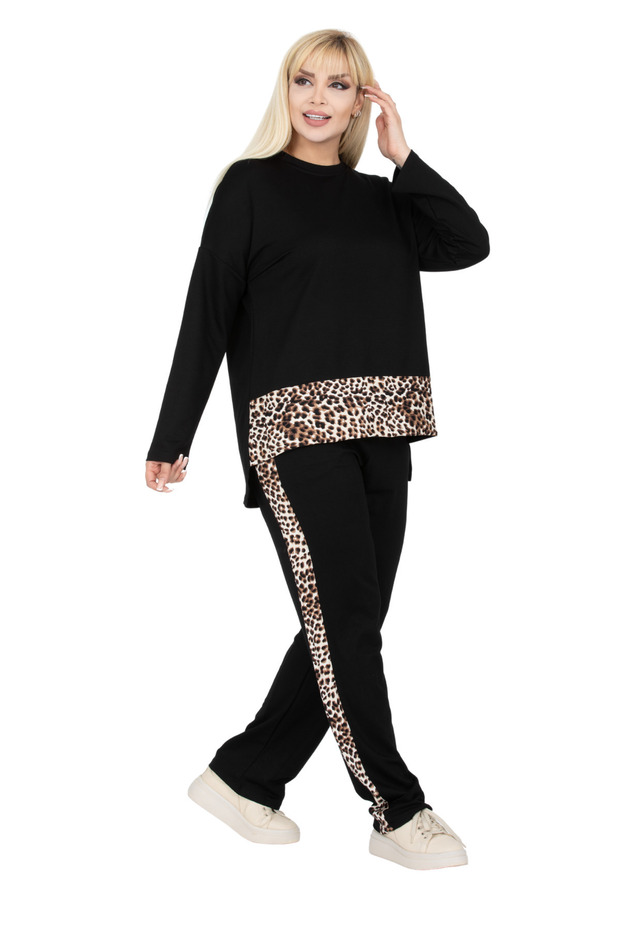 Women's Plus Size Black Leopard Patterned Stripe Detailed Plus Size Tracksuit Set with Elastic Waist - 1