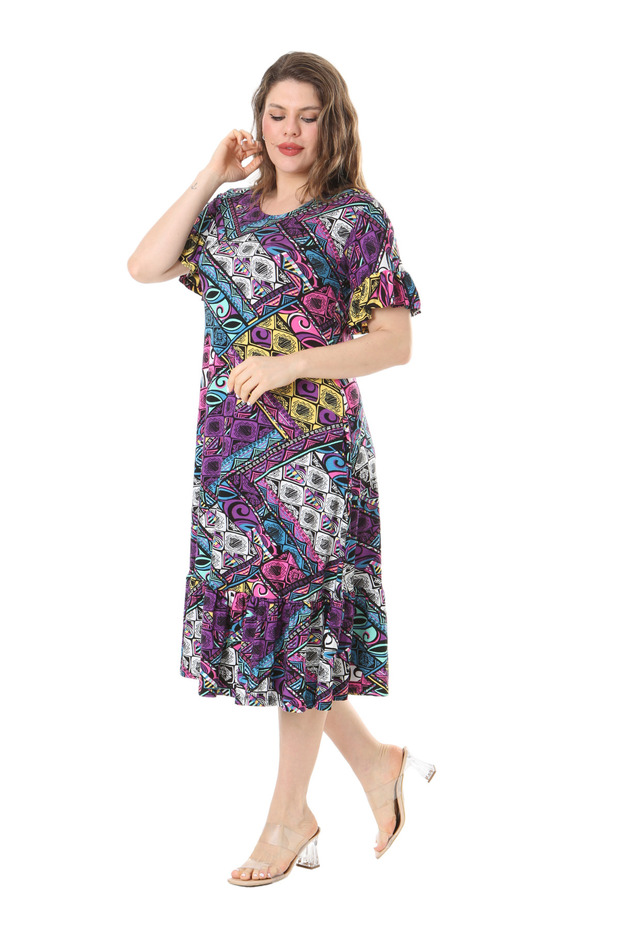 مقاس كبير - فستان بجيب مكشكش منقوش باللون الأرجواني - 2