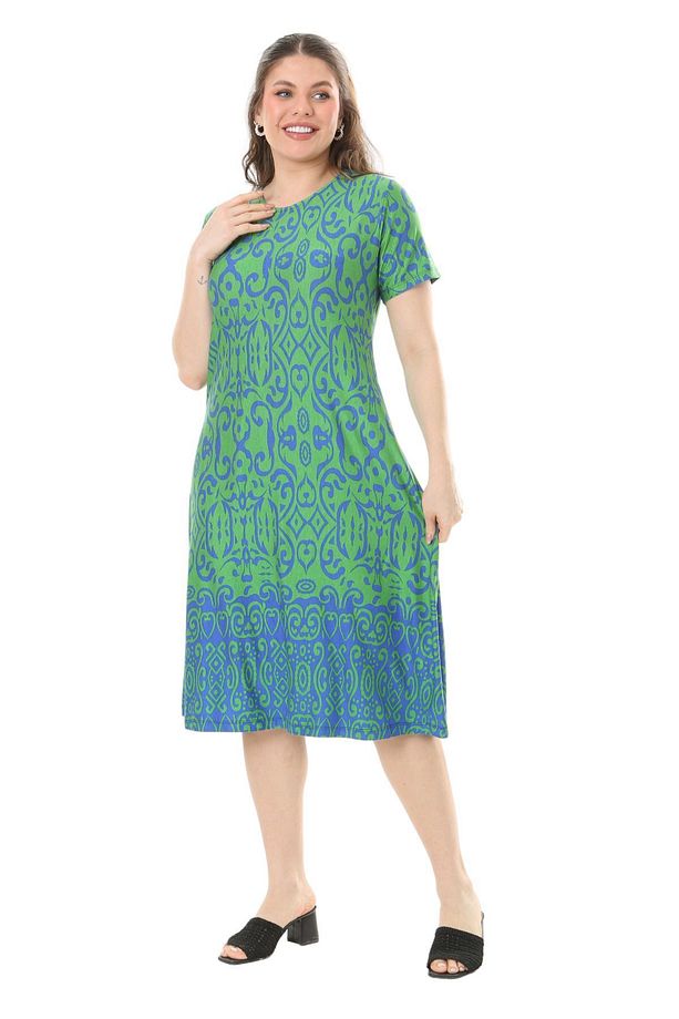 Kadın Büyük Beden Kısa Kol Yeşil Damask Desenli Midi Elbise - 5