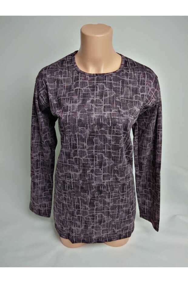 Women's Lilac Print Crew Neck Long Sleeve Seasonal Lizy Mother Combed Cotton T-shirt Blouse with Slits on the Sides