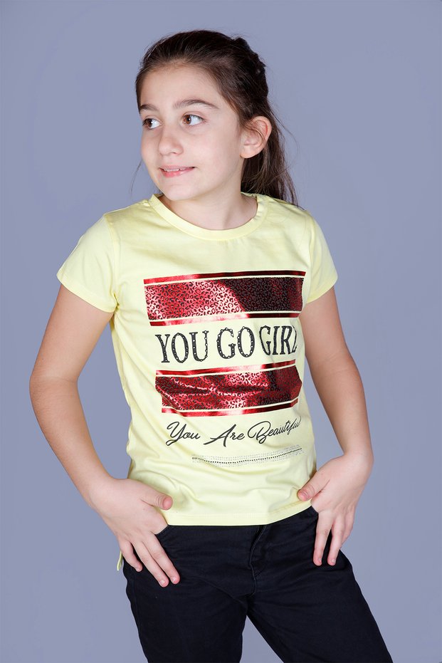 Girl's Text Printed Stone Embroidered Lame Detailed T-Shirt