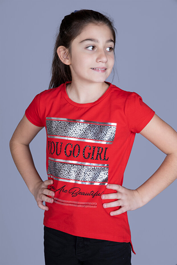 Girl's Text Printed Stone Embroidered Lame Detailed T-Shirt