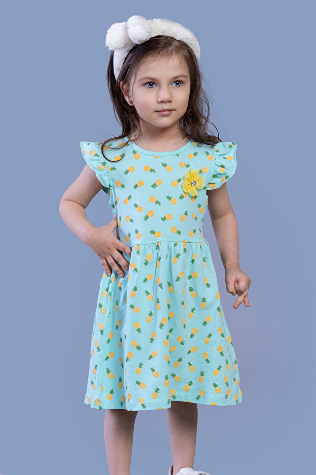 Girl's Full-Length Pineapple Printed Dress with Floral Accessories