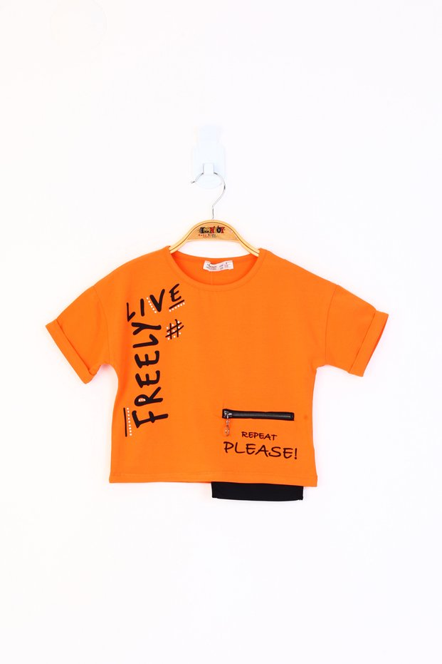 Girls' Neon-Colored Printed T-Shirt with Pocket Detail