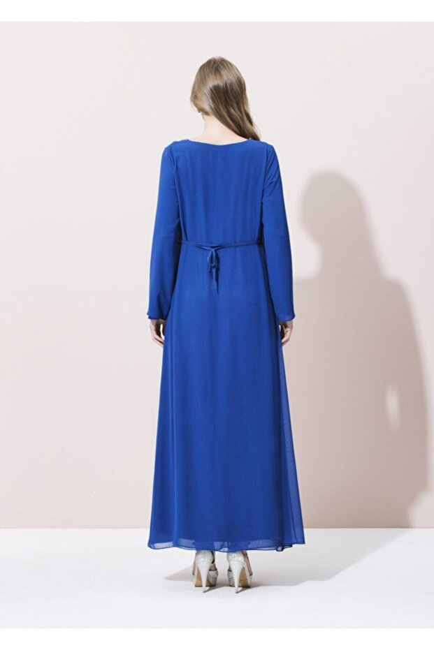 Saks Mavi Yaka İşlemeli Uzun Abiye Hamile Elbise - 4