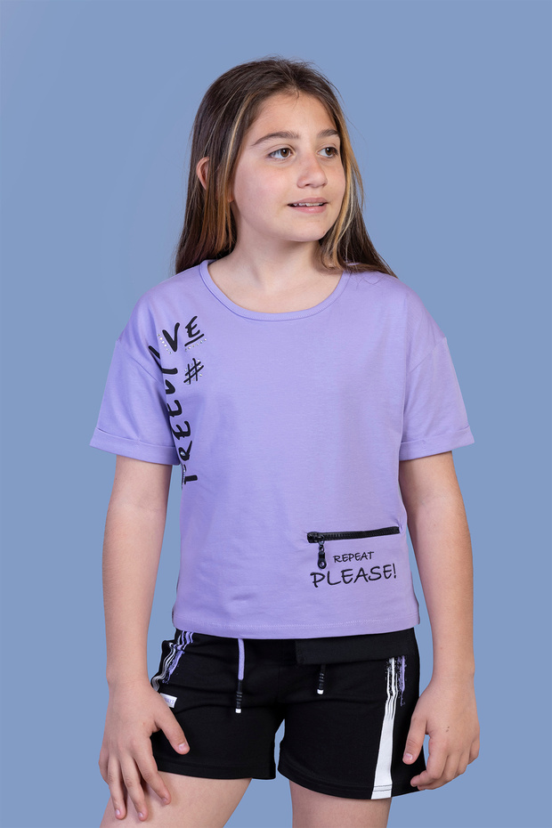 Girls' Printed Shorts Set with Pocket Detail