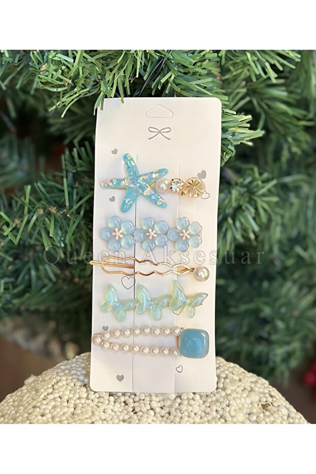 Luxury Metal 5-Piece Set with Stones, Flowers, Pearls, Sea Stars, Butterflies, Women's and Children's Clip-On Side Buckle Set, Blue