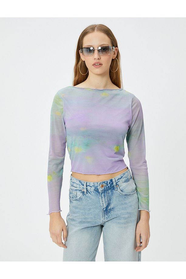Batik Desenli Crop Tişört Uzun Kollu Bisiklet Yaka - 3