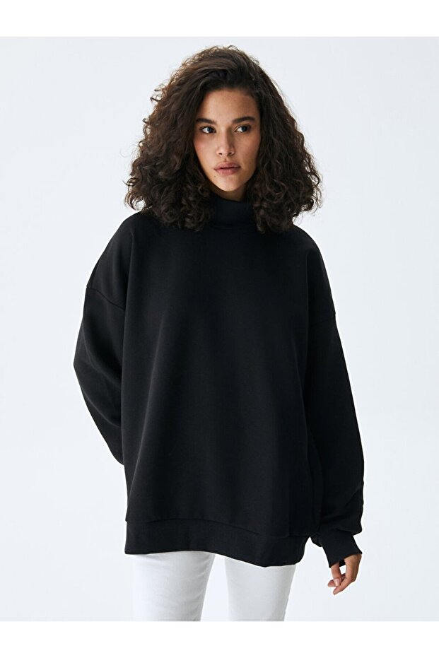 Slogan Baskılı Dik Yaka Siyah Sweatshırt - 2